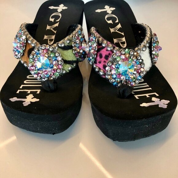 GYPSY SOULE Black Platform Flip-flops BeDazzle Swarovski Crystal Rhinestones 8 - Picture 10 of 16